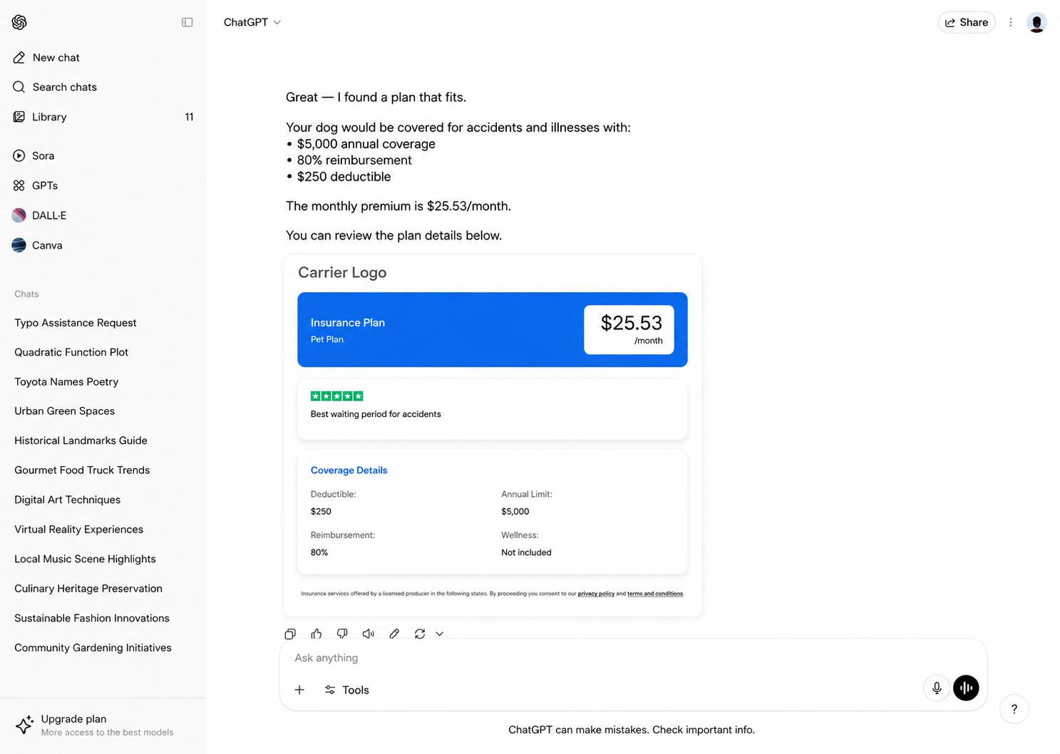 ChatGPT showing a pet insurance plan with coverage details and pricing